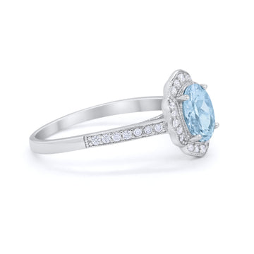Art Deco Oval Wedding Ring Simulated Aquamarine CZ 925 Sterling Silver